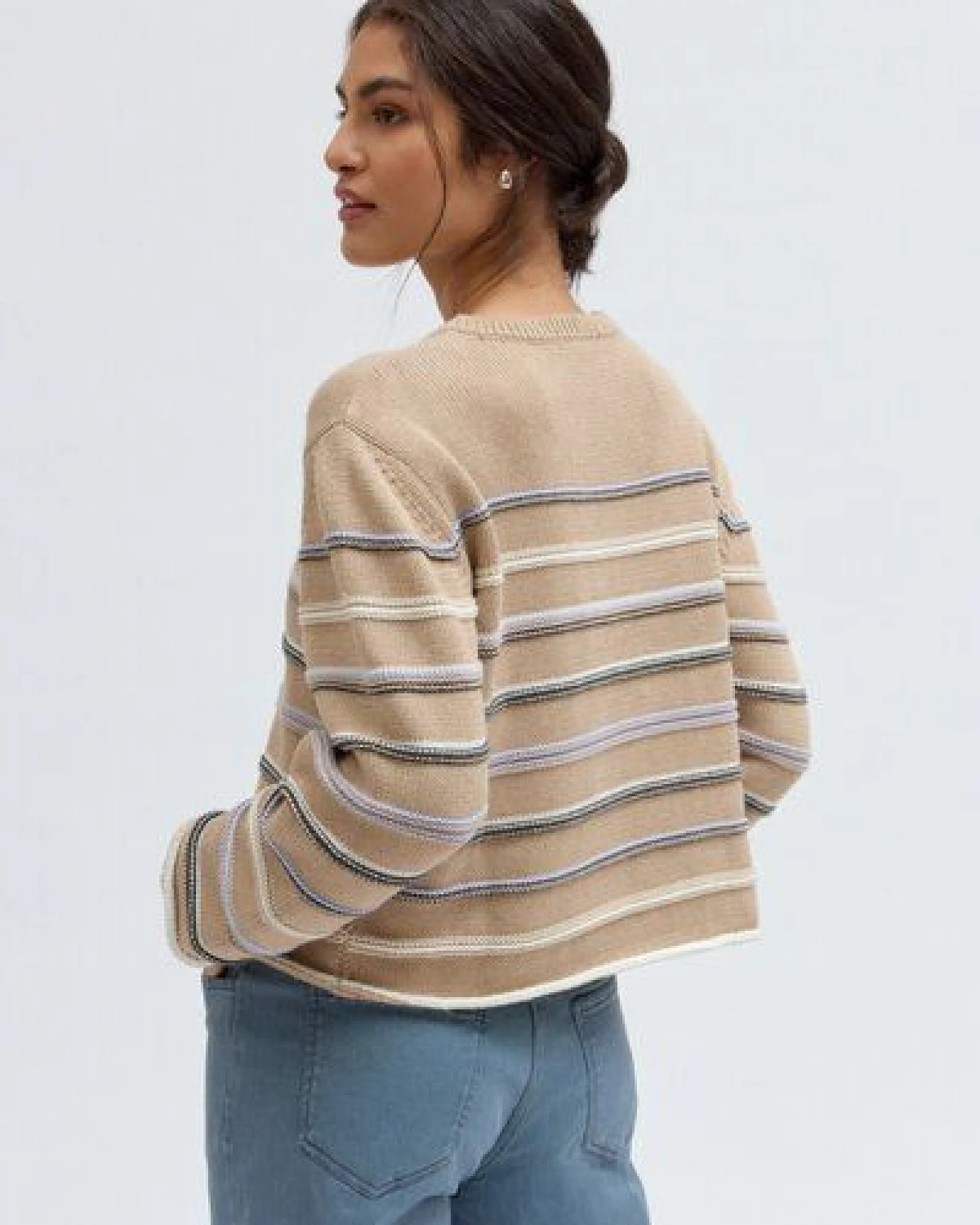 People Wear Organic Grobstrick Pullover, beige mélange geringelt, Bio-Baumwolle – Ansicht 2