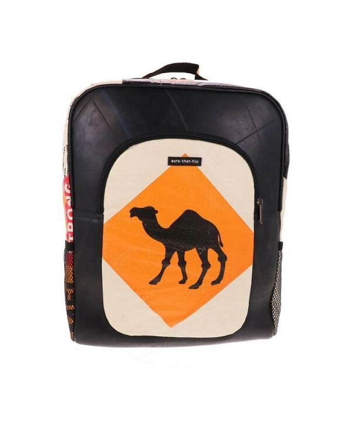 MoreThanHip Laptop-Rucksack 15,6 Zoll aus recycelten Zementsäcken (Elefant oder Kamel) und Autoschläuchen – wasserabweisend, leicht & geräumig mit Laptopfach – nachhaltig & fair produziert – Rokha