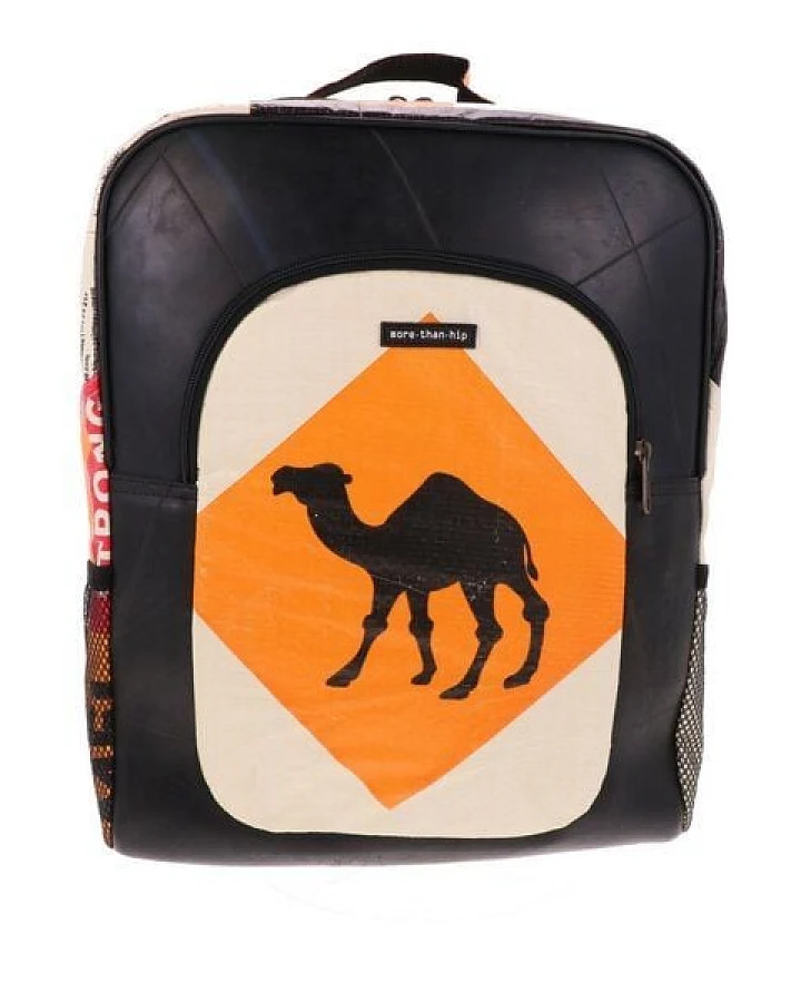 MoreThanHip Laptop-Rucksack 15,6 Zoll aus recycelten Zementsäcken (Elefant oder Kamel) und Autoschläuchen – wasserabweisend, leicht & geräumig mit Laptopfach – nachhaltig & fair produziert – Rokha