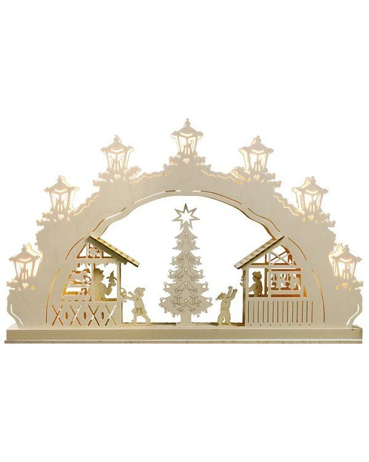 Weigla® Holzkunst Kleiner Schwibbogen "Weihnachtsmarkt" 7 flammig LED Beleuchtung