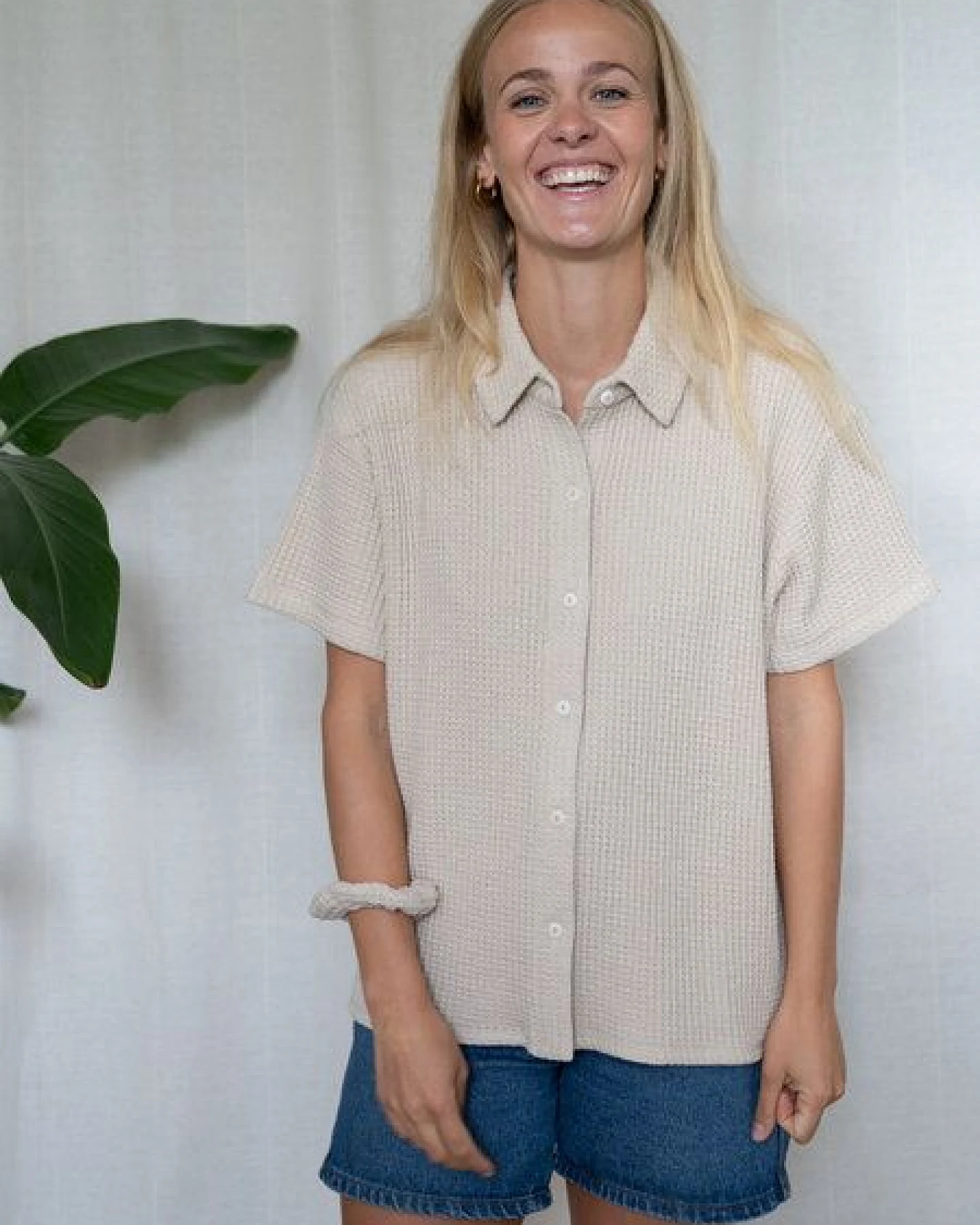 FUXBAU Frauen kurzarm Waffelstrick Bluse – Ansicht 3