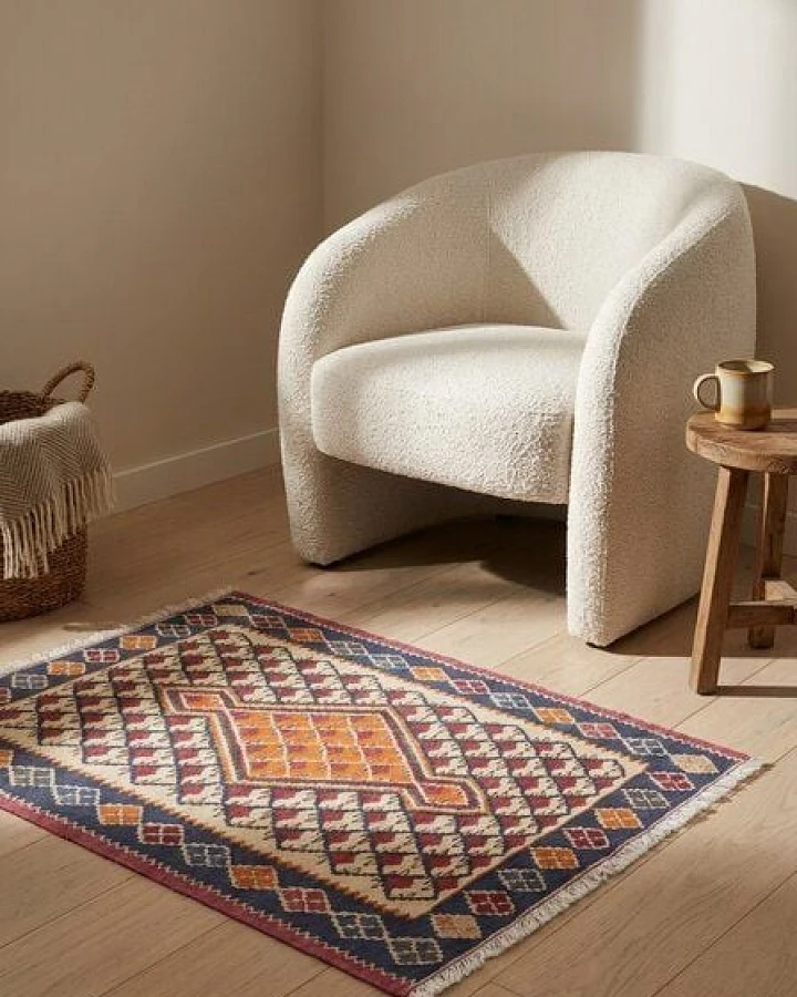 Kelim Senneh Beige „Rugtales“ aus Schurwolle, 60x86 cm