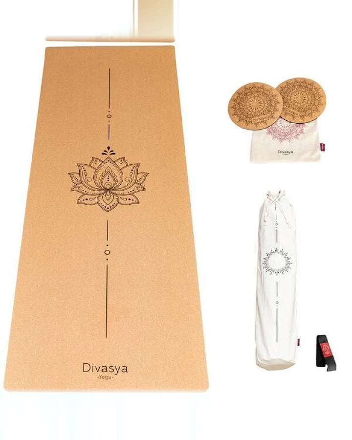Divasya Yoga Komfort-Set: Yogamatte aus Kork & Naturkautschuk inklusive 2 Kniepads (Lotus / Pure)
