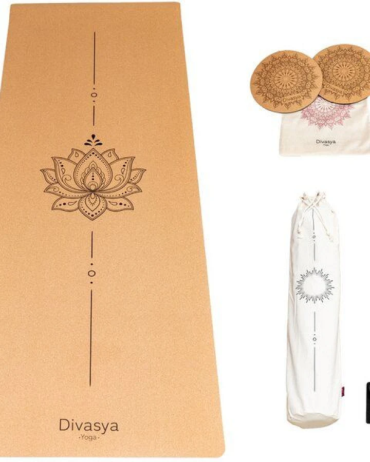 Divasya Yoga Komfort-Set: Yogamatte aus Kork & Naturkautschuk inklusive 2 Kniepads (Lotus / Pure)