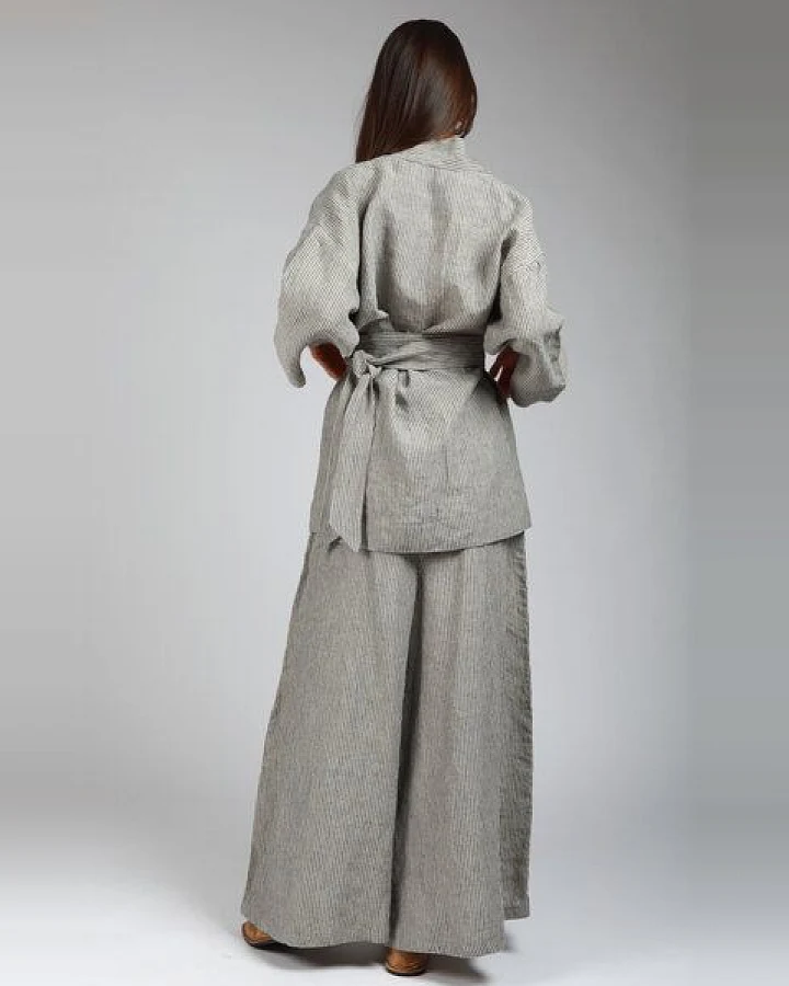KNOTIUM MARGOT Leinen Hosen und Kimono Jacke Set