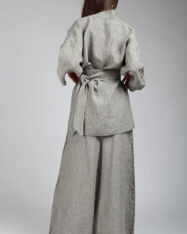 KNOTIUM MARGOT Leinen Hosen und Kimono Jacke Set