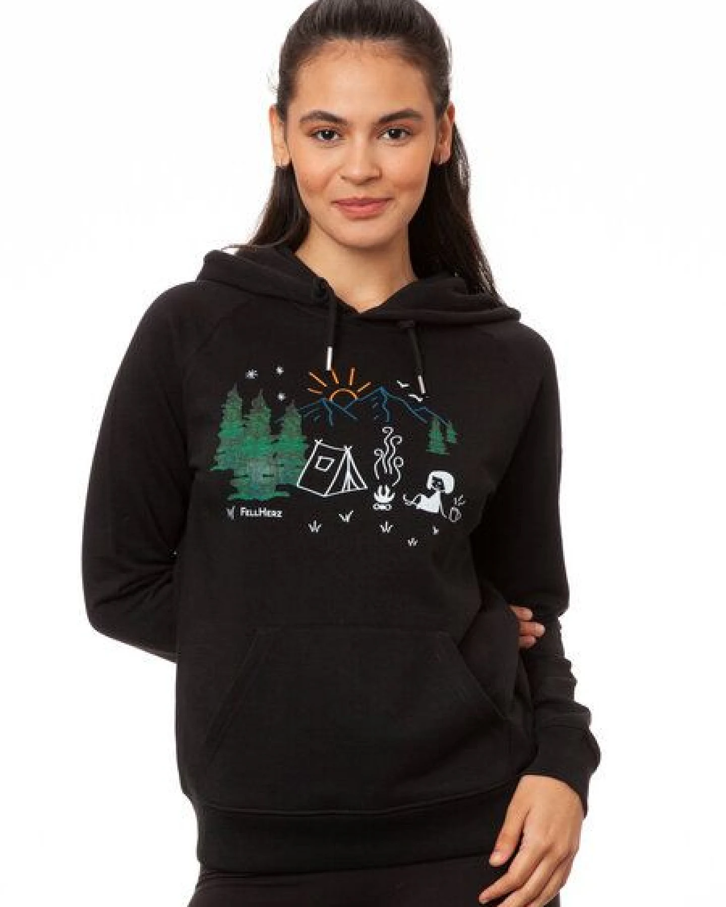 FellHerz Damen Hoodie Camping Girl black, Bio Fair und Vegan – Ansicht 2