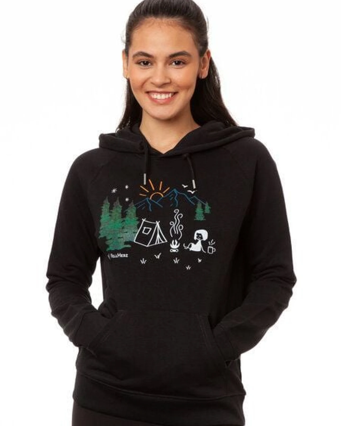 FellHerz Damen Hoodie Camping Girl black, Bio Fair und Vegan – Ansicht 4