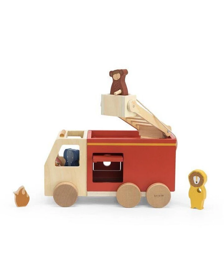 Trixie – WOODEN FIRE TRUCK – Feuerwehrauto aus Holz mit Tieren