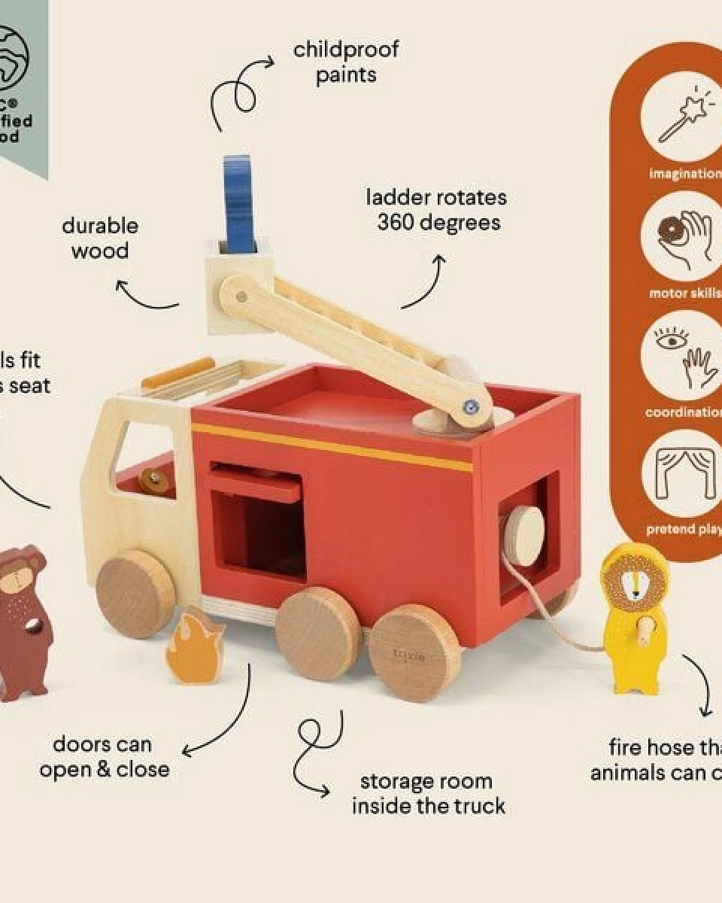 Trixie – WOODEN FIRE TRUCK – Feuerwehrauto aus Holz mit Tieren – Ansicht 4