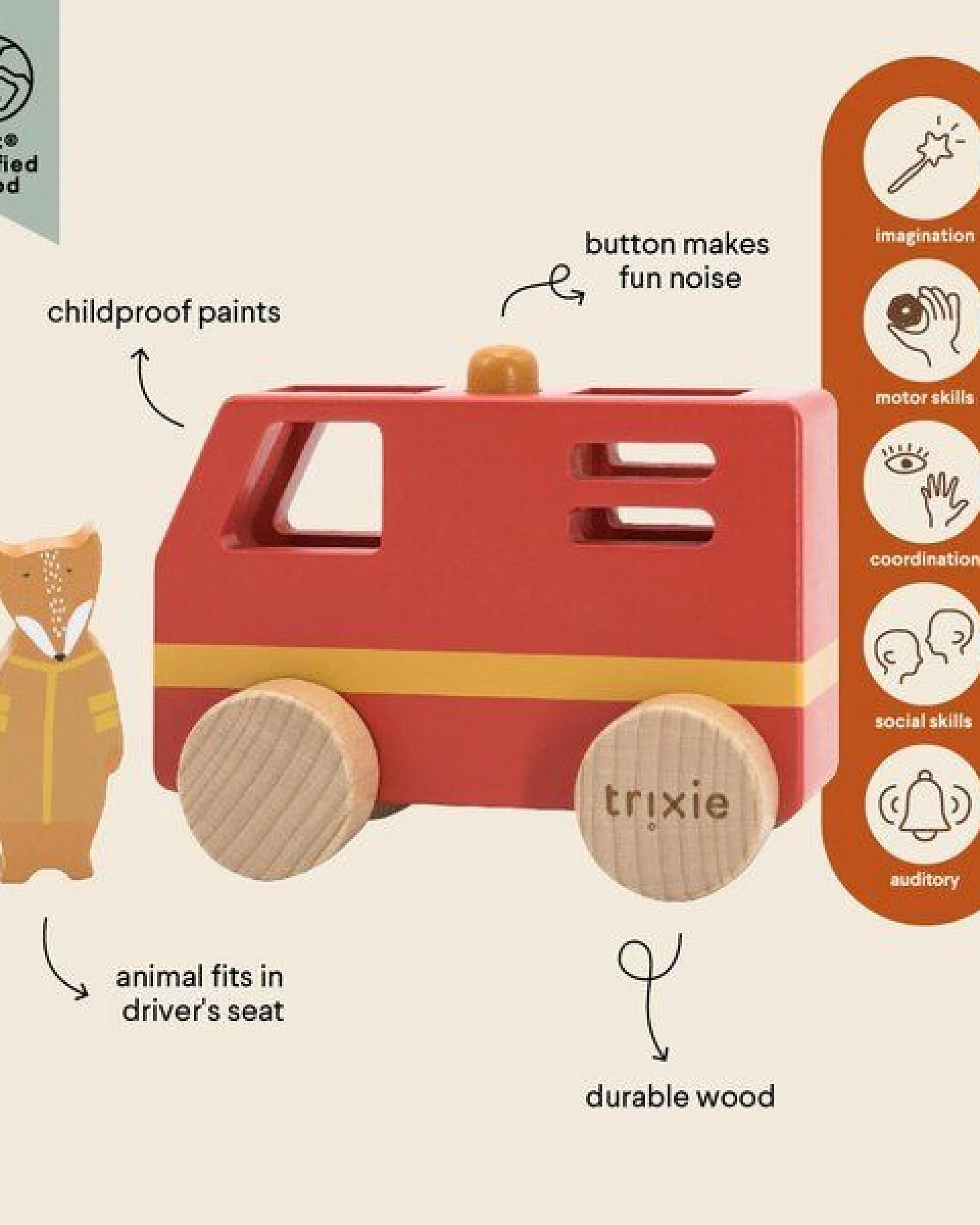 Trixie – SMALL FIRE TRUCK – kleines Feuerwehrauto aus Holz mit Fuchs – Ansicht 3