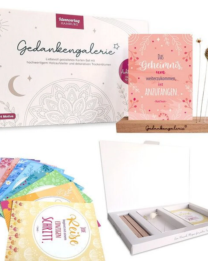 Ideenverlag Hamburg Gedankengalerie® Achtsamkeits-Set mit Holzaufsteller, Affirmationskarten & Trockenblumen