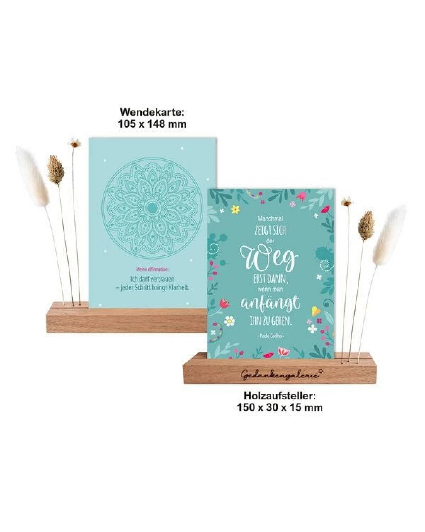 Ideenverlag Hamburg Gedankengalerie® Achtsamkeits-Set mit Holzaufsteller, Affirmationskarten & Trockenblumen – Ansicht 3