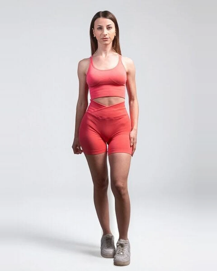 Empire Embodied Sportswear Set Damen Sport BH/Bra mit verstellbaren Trägern, gepolstert und Compressive High-Rise Yoga Shorts, nahtlos, pink mit Scrunch