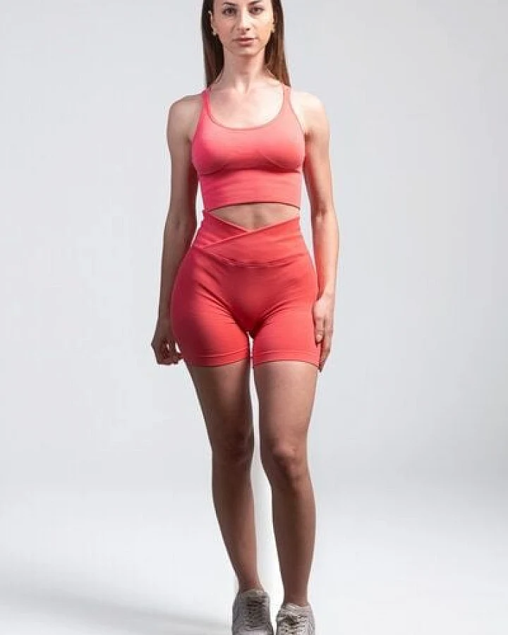 Empire Embodied Sportswear Set Damen Sport BH/Bra mit verstellbaren Trägern, gepolstert und Compressive High-Rise Yoga Shorts, nahtlos, pink mit Scrunch
