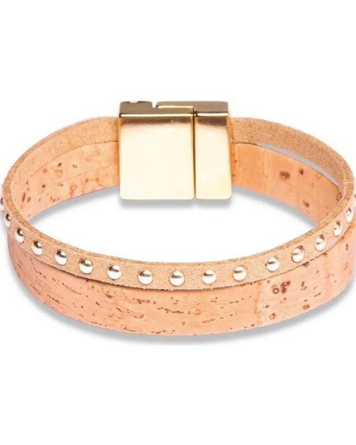 Kork-Deko Breites Korkarmband mit goldfarbenem Verschluss & Steinchen – vegan & stylisch