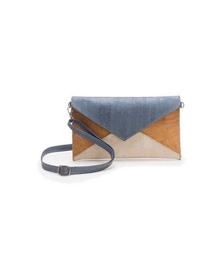 Kork-Deko Moderne Pochette-Clutch marineblau/beige/weiß – vegan, klein & handgefertigt