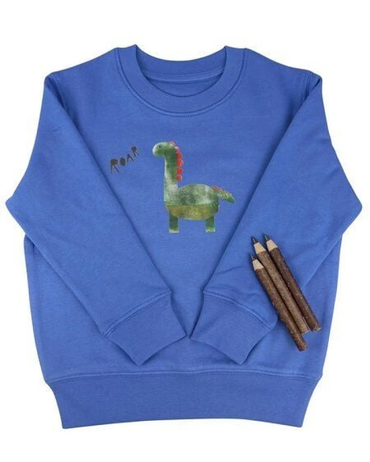 Meladi Kinder Sweater aus Biobaumwolle - Dino auf Aqua Blue