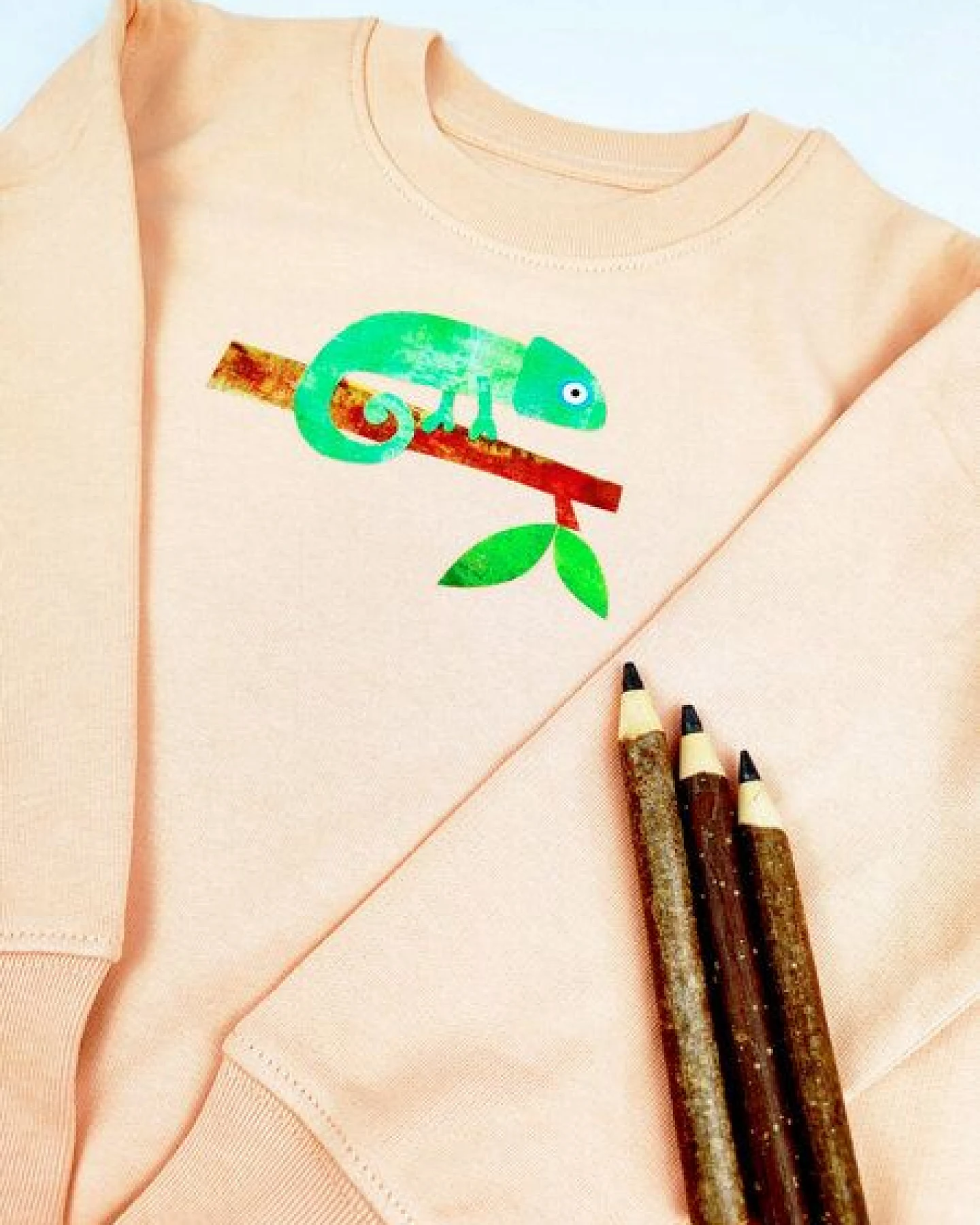 Meladi Kinder Sweater aus Biobaumwolle - Chamäleon auf Creme Latte – Ansicht 2