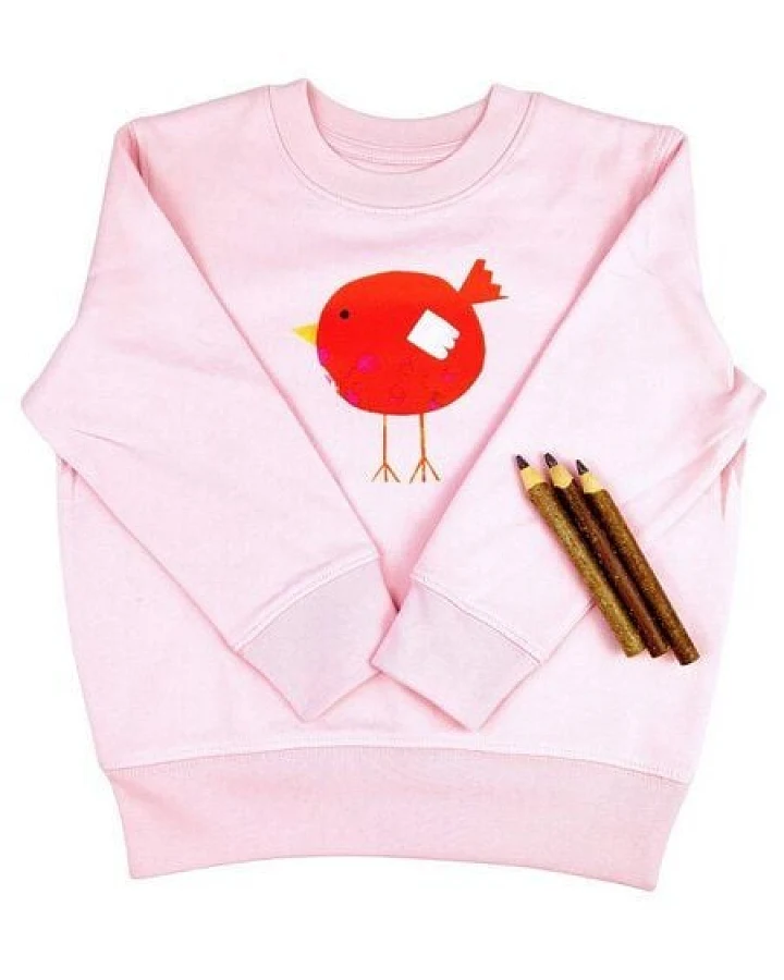Meladi Kinder Sweater aus Biobaumwolle - Roter Vogel auf Pink