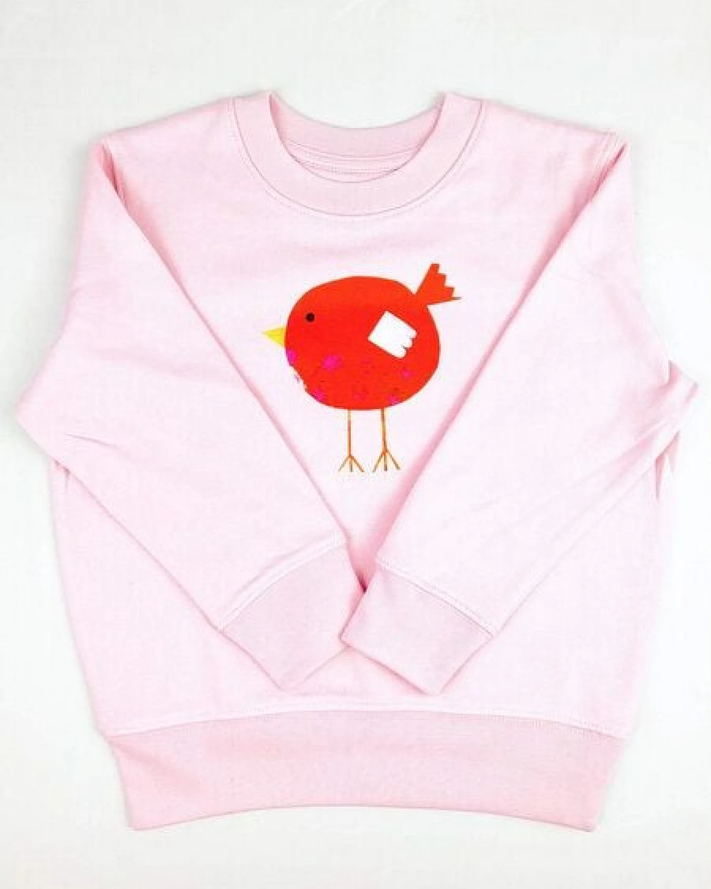 Meladi Kinder Sweater aus Biobaumwolle - Roter Vogel auf Pink – Ansicht 4