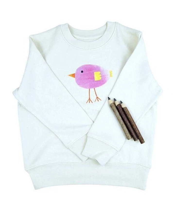 Meladi Kinder Sweater aus Biobaumwolle - Lila Vogel auf Natural Raw