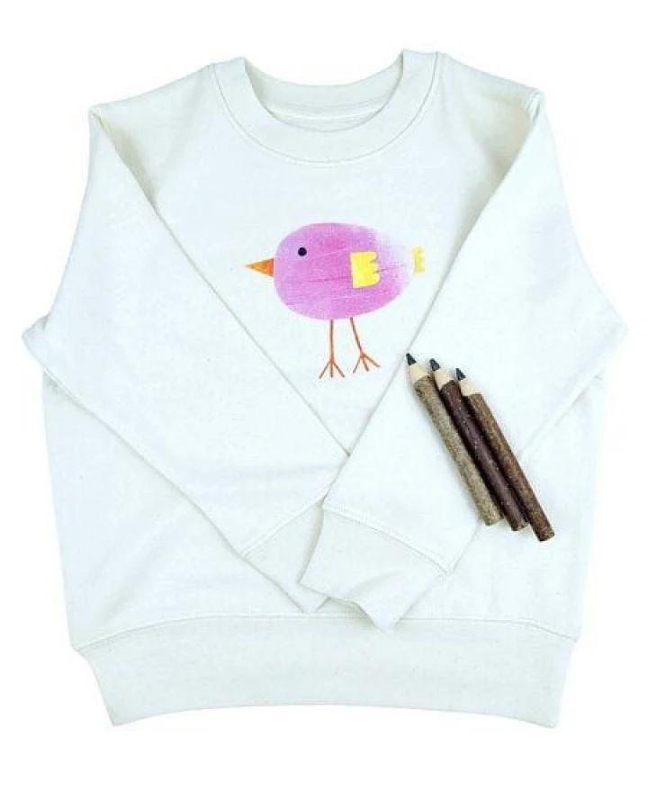 Meladi Kinder Sweater aus Biobaumwolle - Lila Vogel auf Natural Raw