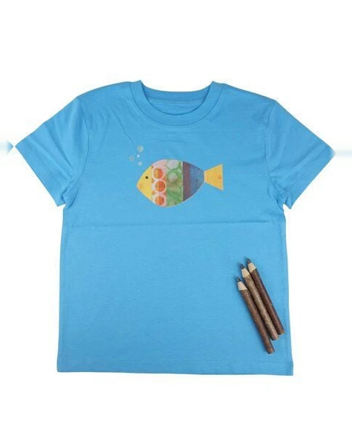 Meladi Kinder Shirt aus Biobaumwolle - Fisch auf Aqua Blue