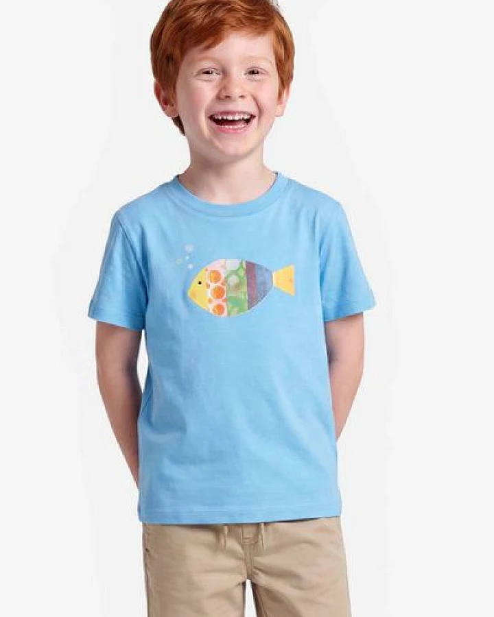 MELAdi Kinder Shirt aus Biobaumwolle - Fisch auf Aqua Blue
