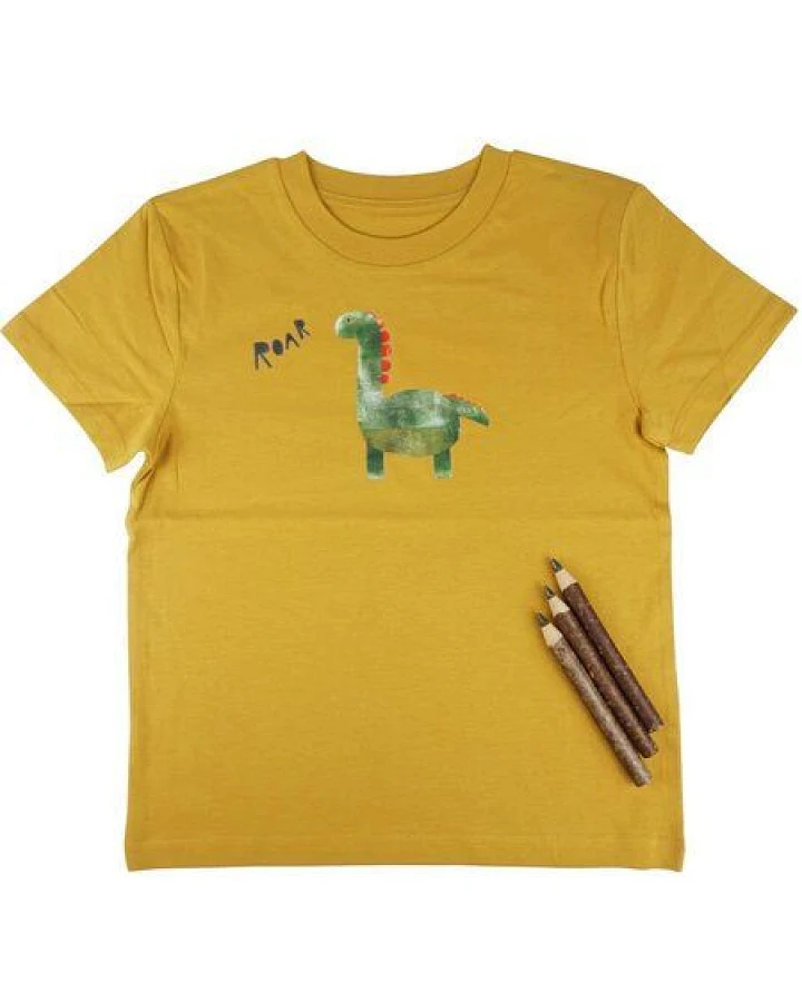 MELAdi Kinder Shirt aus Biobaumwolle - Dino auf Ocre Gelb