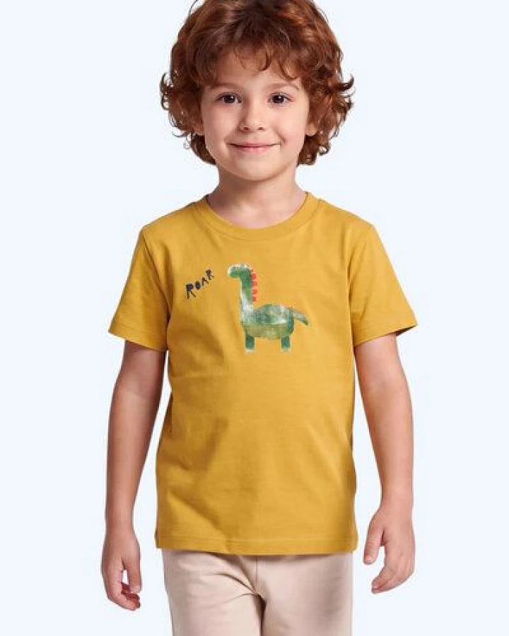 MELAdi Kinder Shirt aus Biobaumwolle - Dino auf Ocre Gelb