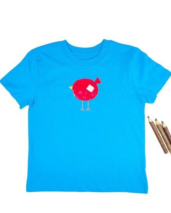 MELAdi Kinder Shirt aus Biobaumwolle - Roter Vogel auf Aqua Blue