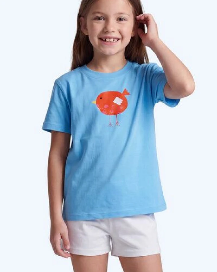 MELAdi Kinder Shirt aus Biobaumwolle - Roter Vogel auf Aqua Blue