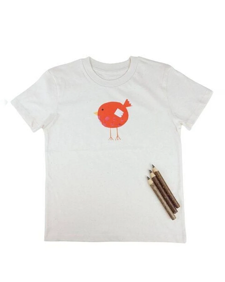 Meladi Kinder Shirt aus Biobaumwolle - Roter Vogel auf Natural Raw