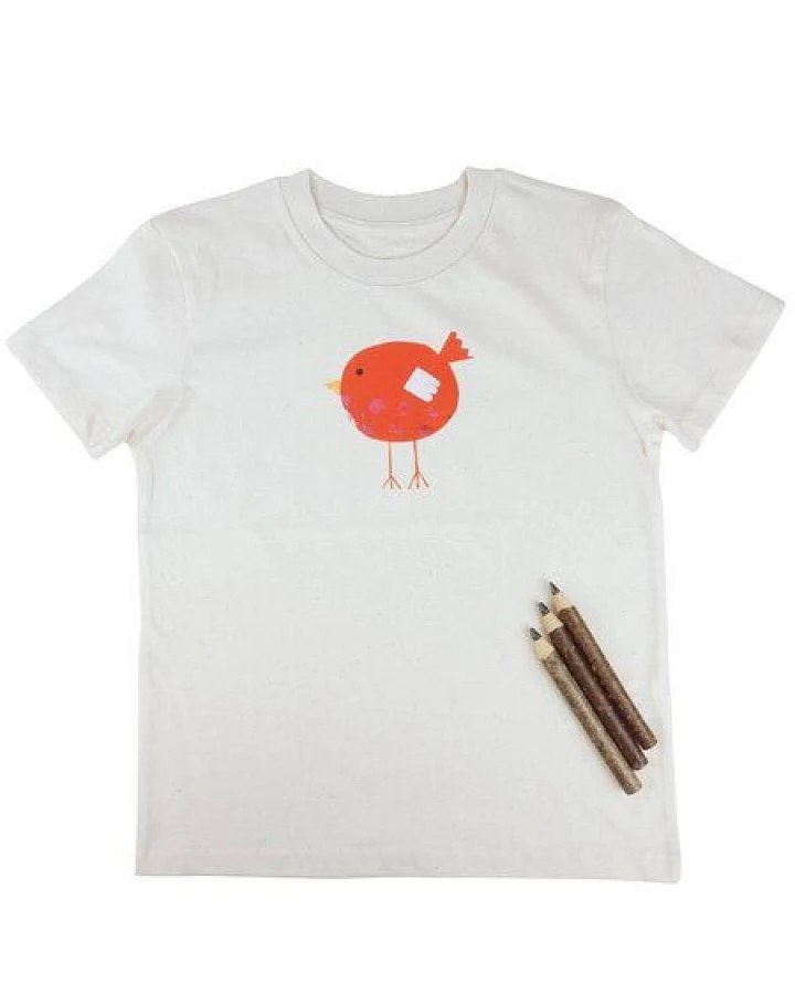 Meladi Kinder Shirt aus Biobaumwolle - Roter Vogel auf Natural Raw