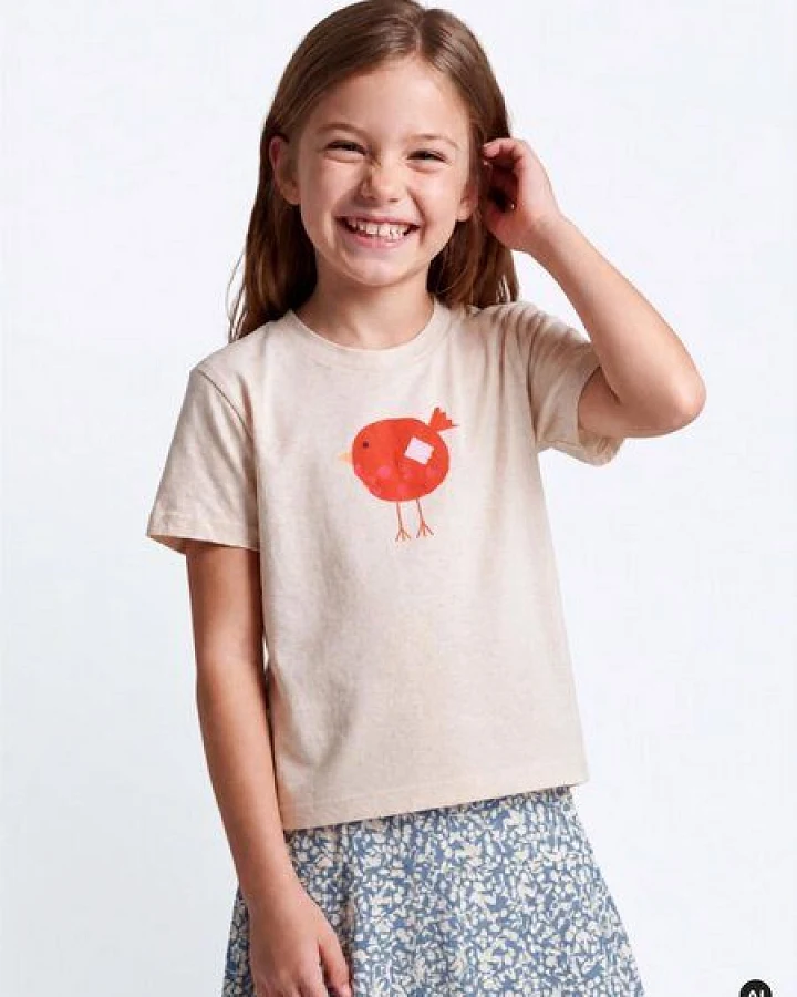 MELAdi Kinder Shirt aus Biobaumwolle - Roter Vogel auf Natural Raw