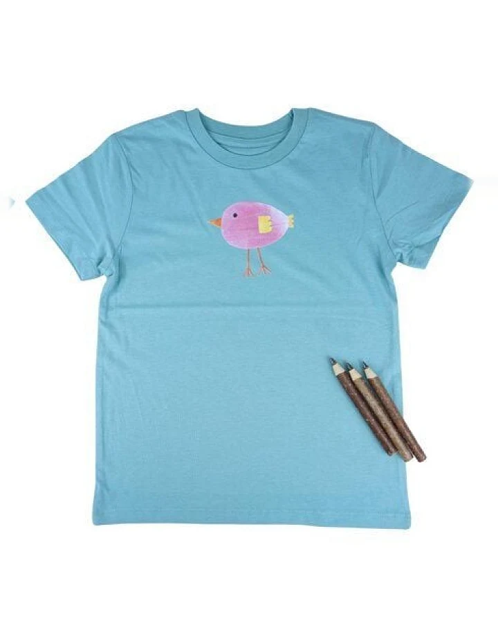 Meladi Kinder Shirt aus Biobaumwolle - Lila Vogel auf Türkis