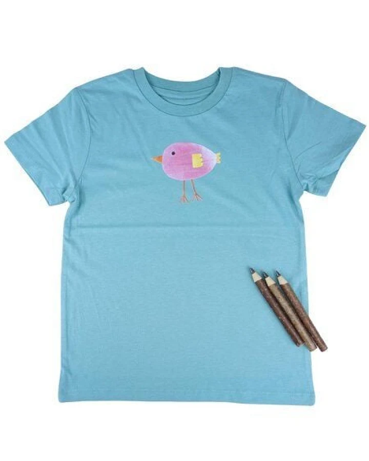 Meladi Kinder Shirt aus Biobaumwolle - Lila Vogel auf Türkis