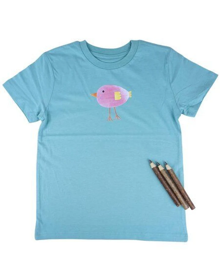 MELAdi Kinder Shirt aus Biobaumwolle - Lila Vogel auf Türkis