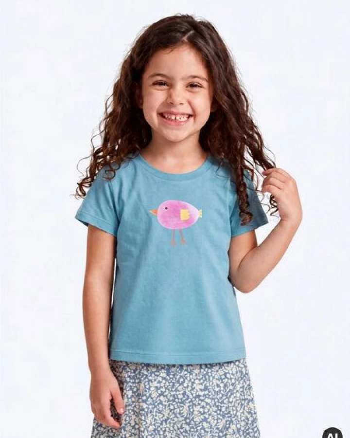 MELAdi Kinder Shirt aus Biobaumwolle - Lila Vogel auf Türkis