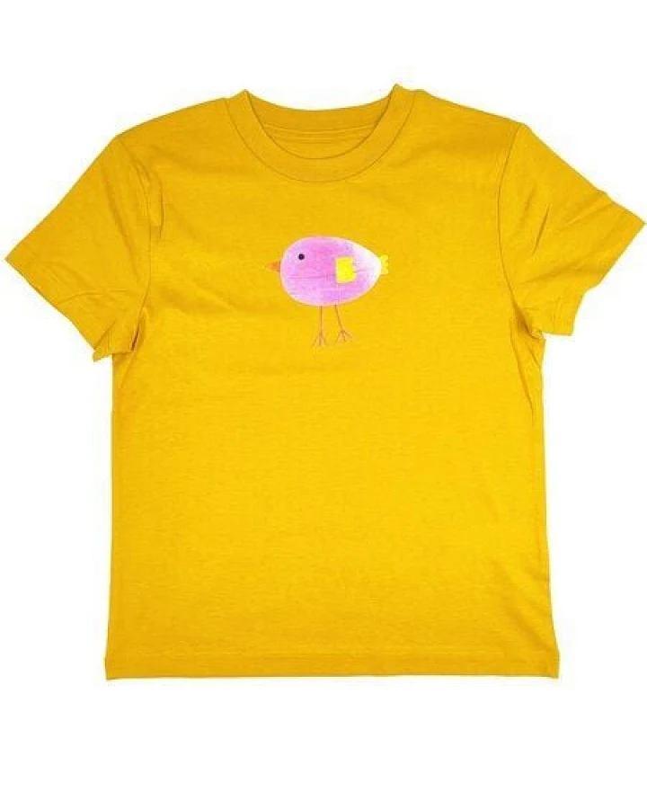 Meladi Kinder Shirt aus Biobaumwolle - Lila Vogel auf Ochre Gelb