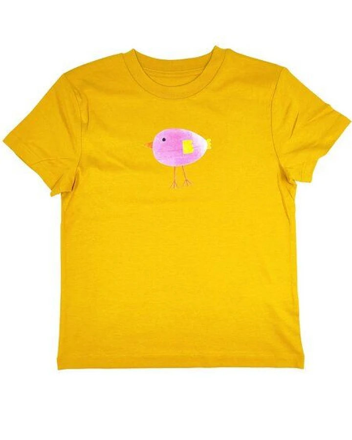MELAdi Kinder Shirt aus Biobaumwolle - Lila Vogel auf Ocre Gelb