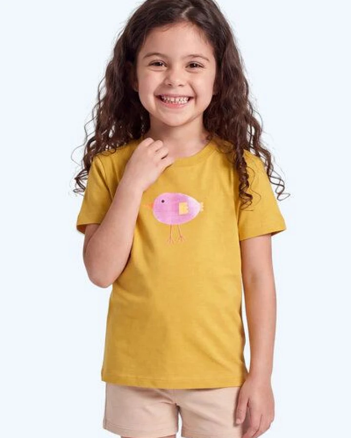 MELAdi Kinder Shirt aus Biobaumwolle - Lila Vogel auf Ocre Gelb