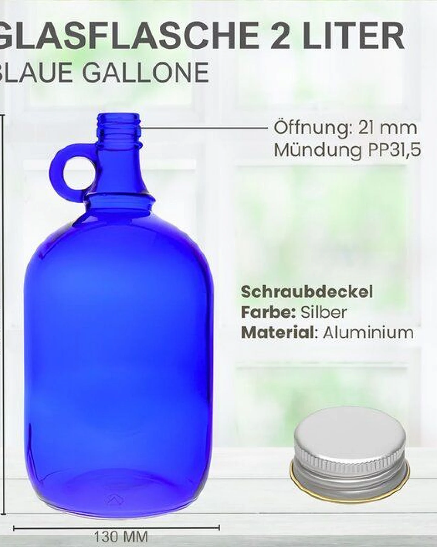 mikken Große blaue Gallone 2 Liter Glasflasche / Wasserflasche mit Deckel – Ansicht 4