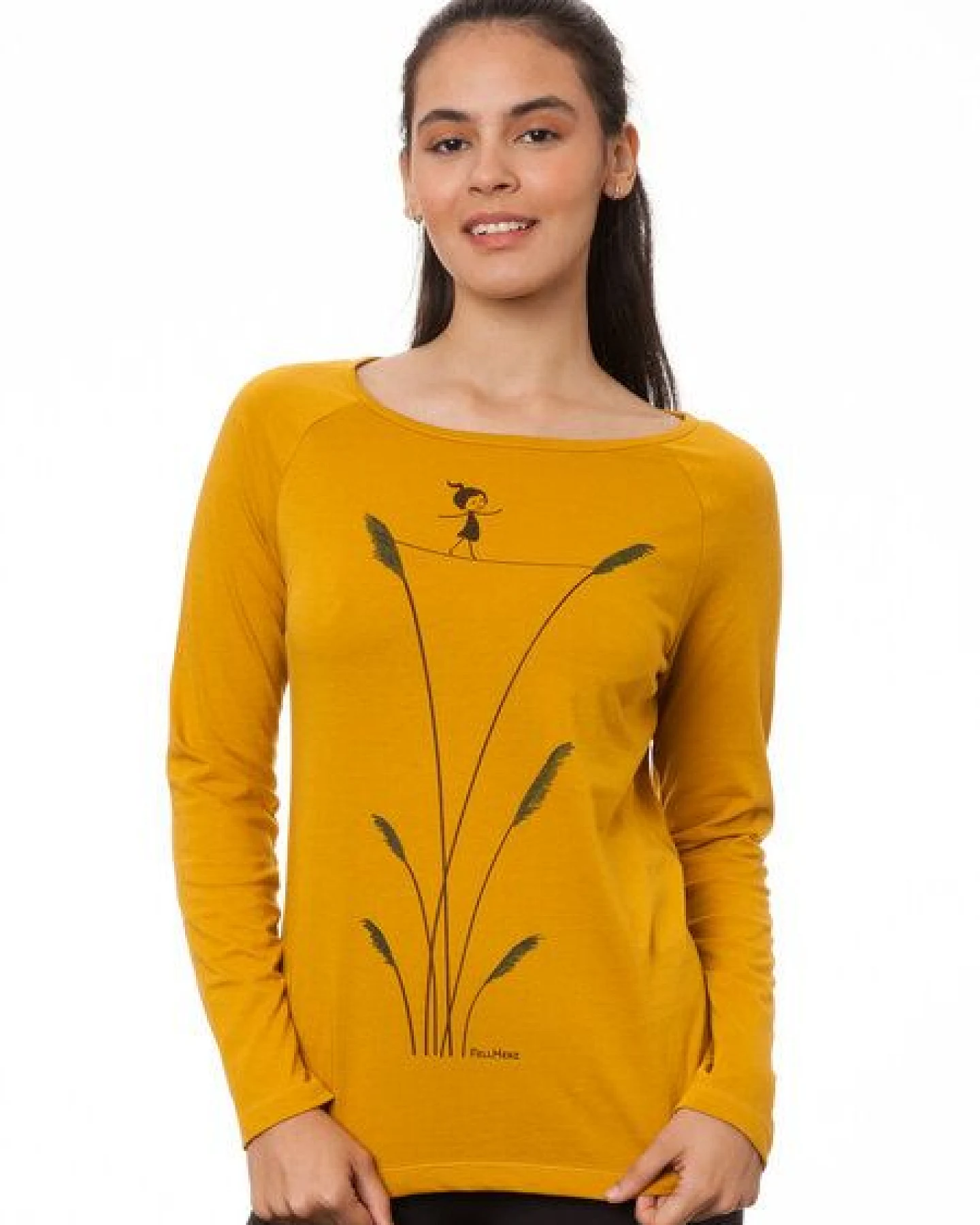 FellHerz Damen Raglan Longsleeve Seiltanz harvest gold Bio Fair Vegan – Ansicht 2