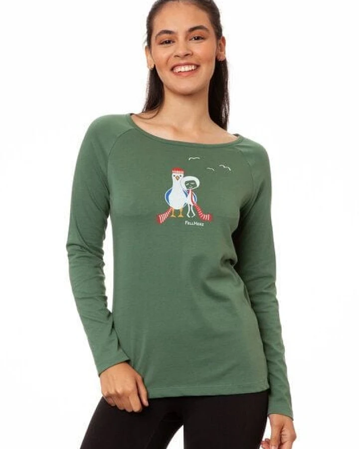 FellHerz Damen Raglan Longsleeve Möwen-Liebe ivy green Bio Fair Vegan
