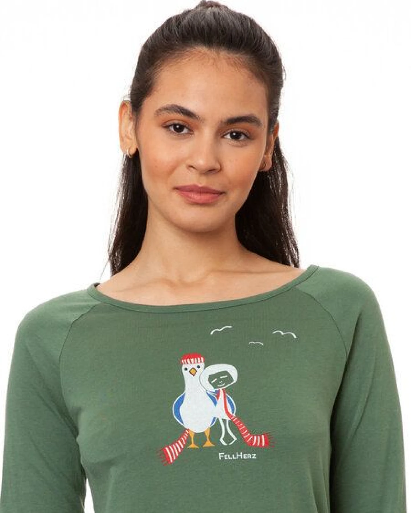 FellHerz Damen Raglan Longsleeve Möwen-Liebe ivy green Bio Fair Vegan – Ansicht 2