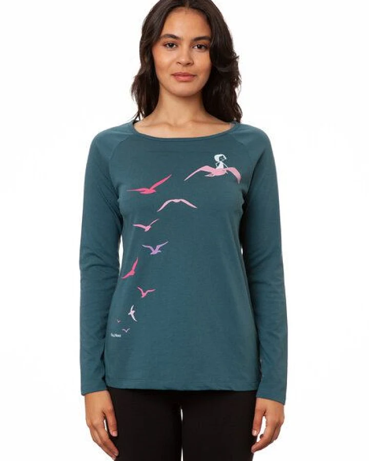 FellHerz Damen Raglan Longsleeve Möwenflug atlantic teal Bio Fair Vegan
