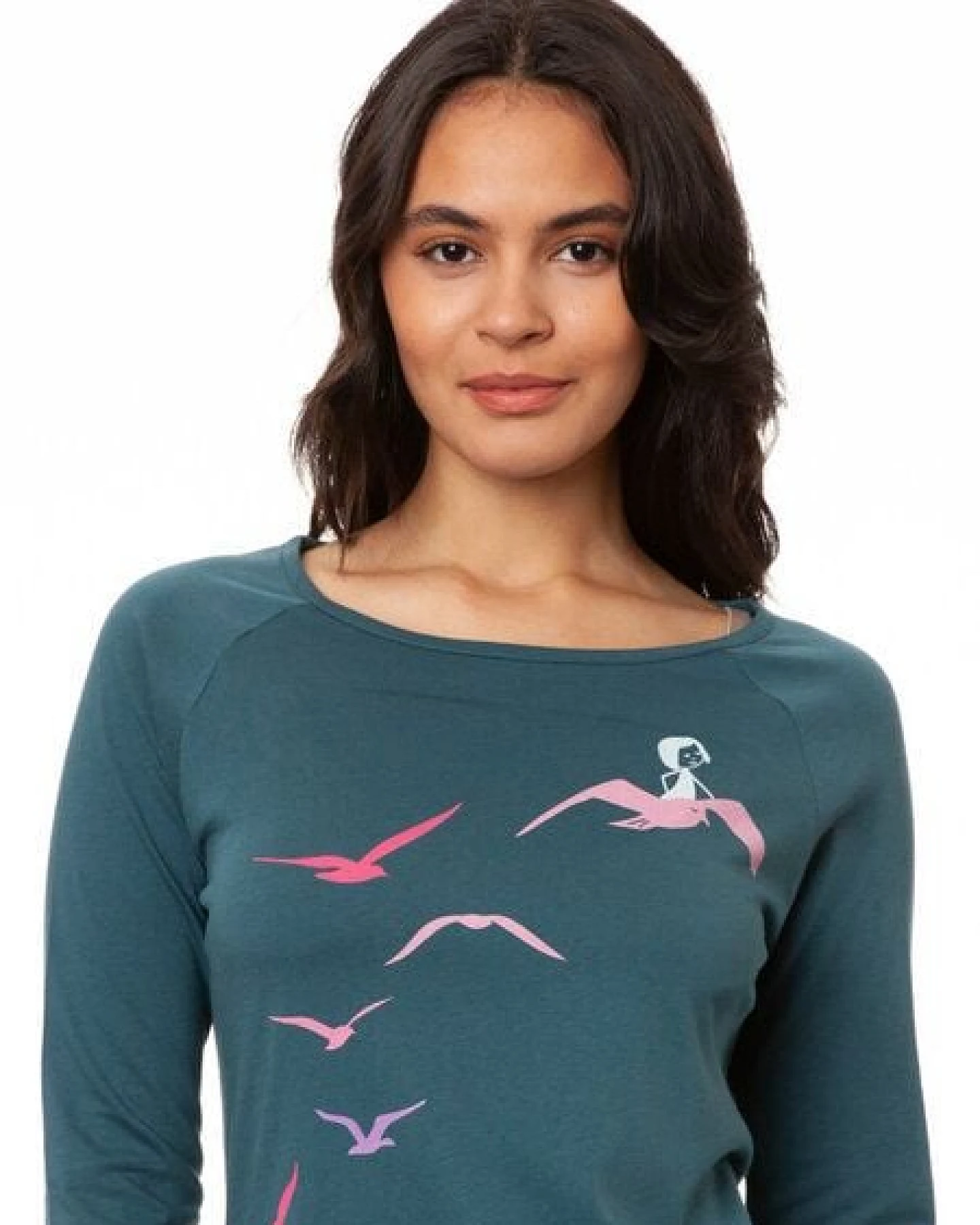 FellHerz Damen Raglan Longsleeve Möwenflug atlantic teal Bio Fair Vegan – Ansicht 2