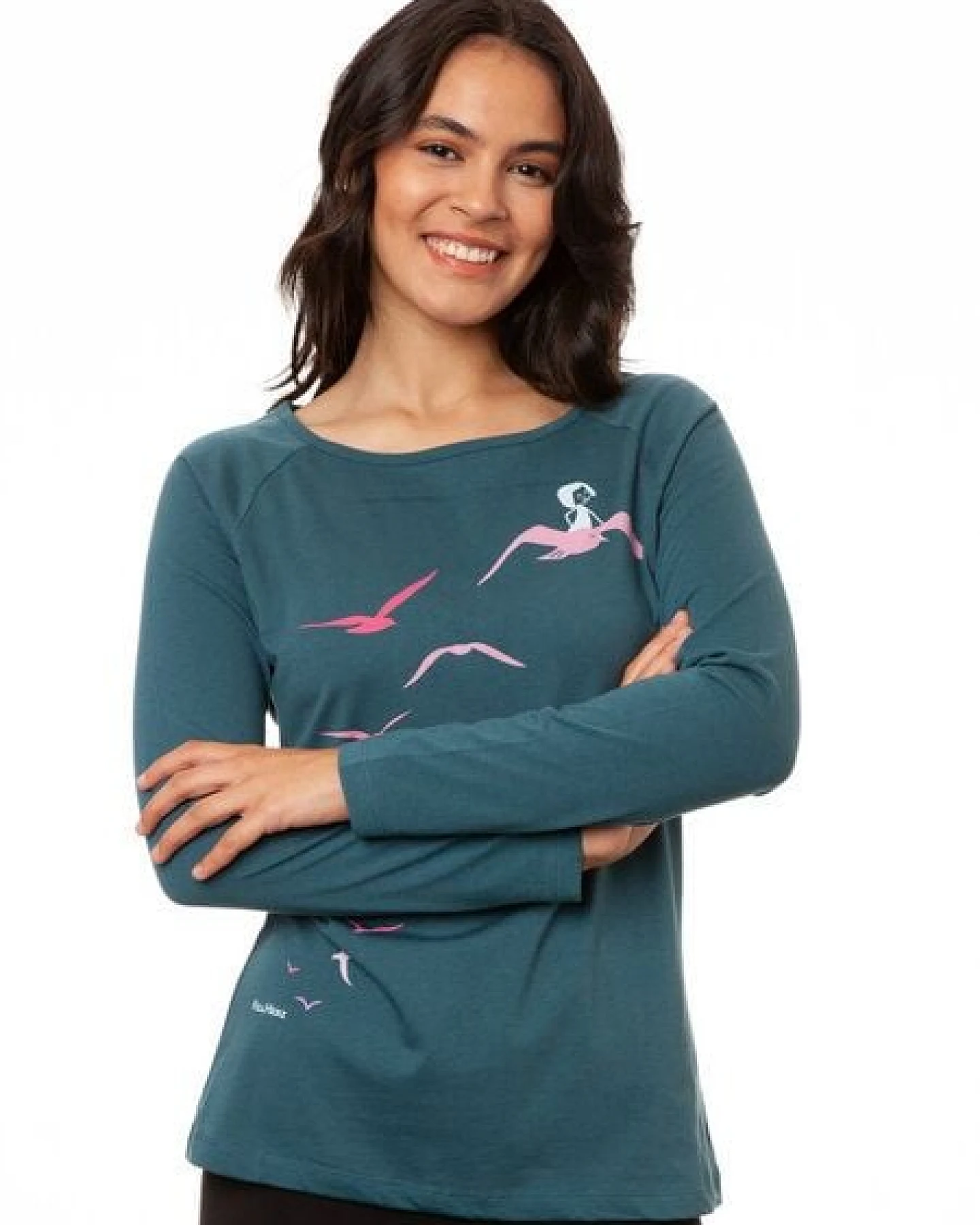 FellHerz Damen Raglan Longsleeve Möwenflug atlantic teal Bio Fair Vegan – Ansicht 3